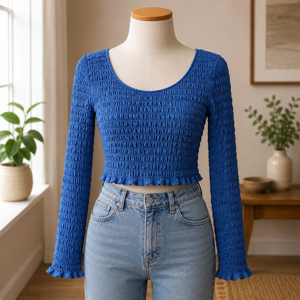 NWOT Open Edit Smocked Long Sleeve‎ Crop Top XS Blue Scoop Neck Lettuce Edge
